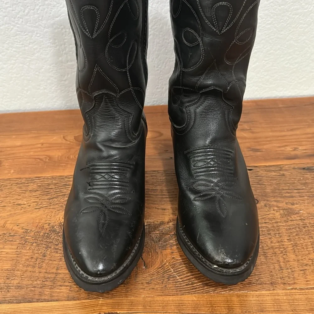 Vintage Mens Handmade Leather Cowboy Western Boots Black Low Heel Size 7M